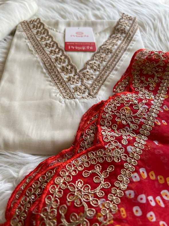 Off White Lilac silk kurta set with Red Lbandhani  dupatta