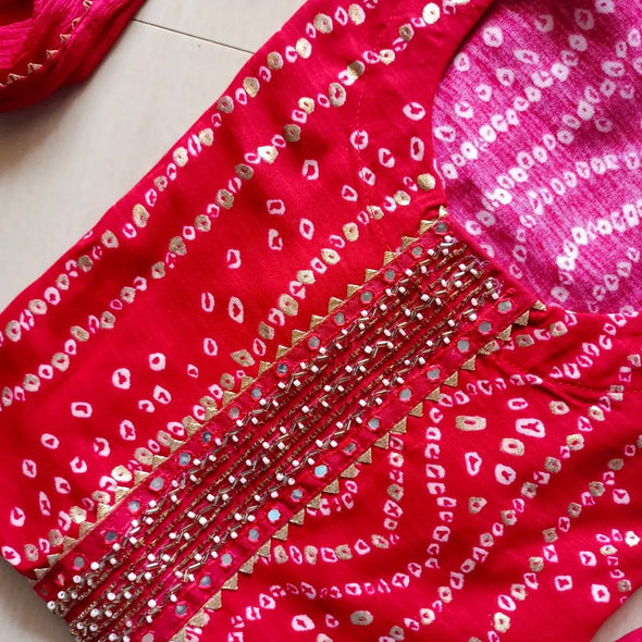 Red Bandhini kurti with pant and dupatta set