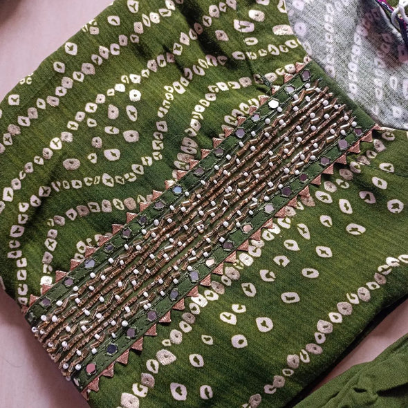 Green Bandhini kurti with pant and dupatta sets