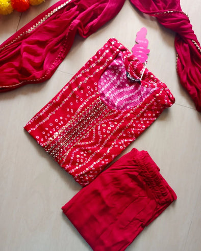 Red Bandhini kurti with pant and dupatta set