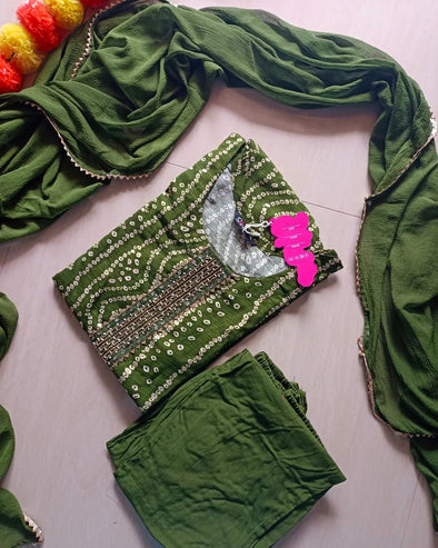 Green Bandhini kurti with pant and dupatta sets