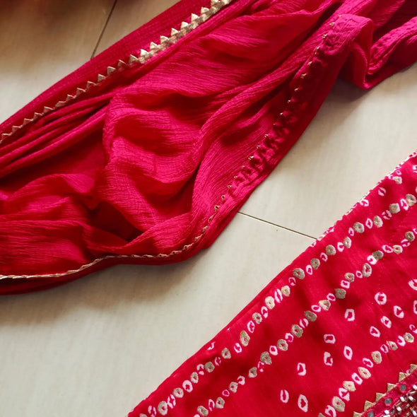 Red Bandhini kurti with pant and dupatta set