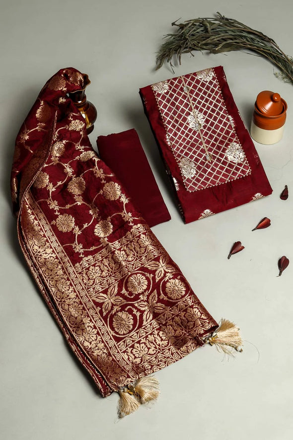 Maroon Kurta In Chanderi Silk Fabric With Zari Weaving all over & Charkhi Gota On Neck