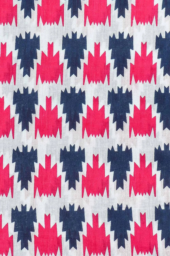 Blue And Pink Ikat Print 3Pcs. Suit Set In Cotton Fabric With Pom Pom