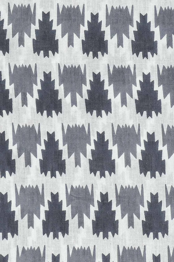 Grey Ikat Print 3Pcs. Suit Set In Cotton Fabric With Pom Pom