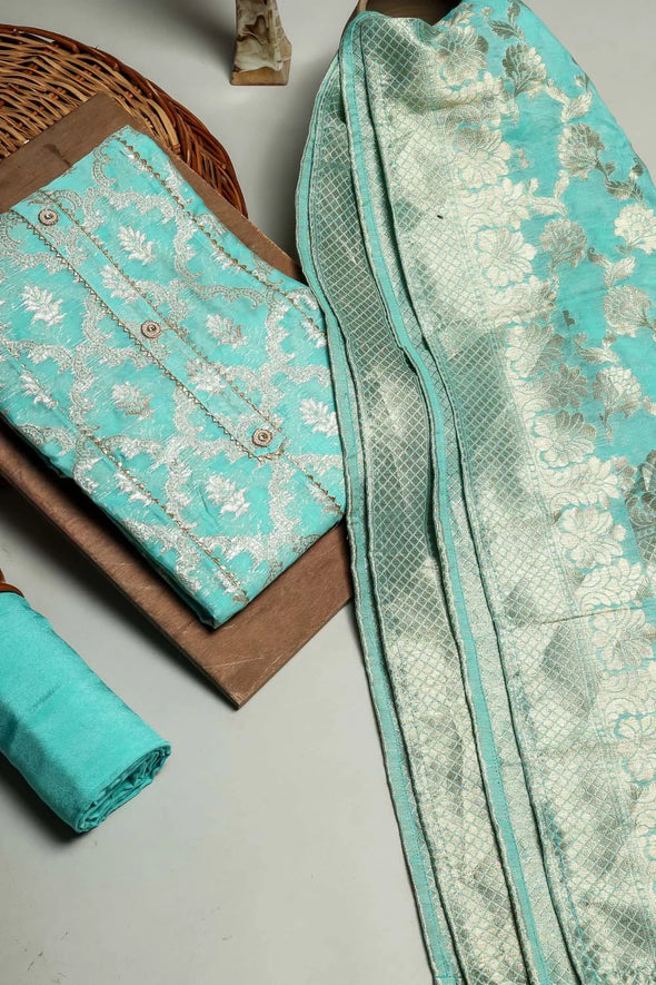 Sky Blue 3Pcs. Suit Set In Chanderi silk Fabric With Zari Weaving all over