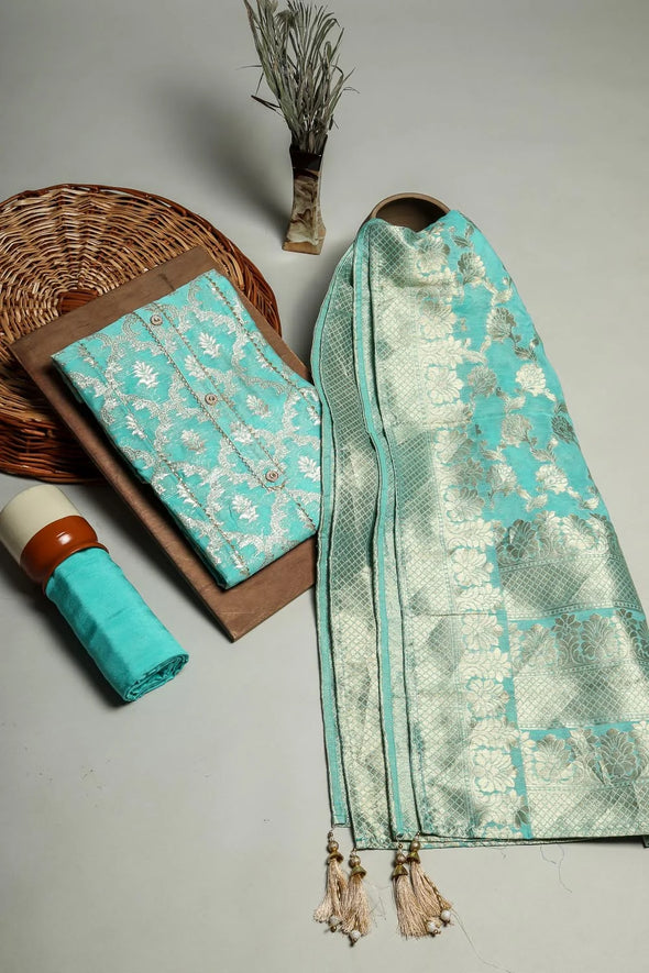 Sky Blue 3Pcs. Suit Set In Chanderi silk Fabric With Zari Weaving all over