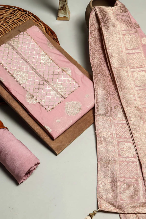 Light Pink 3 Pcs Suit Set In Chanderi Silk Fabric With Zari Weaving and Gota checks work