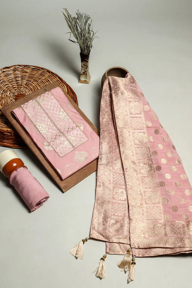 Light Pink 3 Pcs Suit Set In Chanderi Silk Fabric With Zari Weaving and Gota checks work