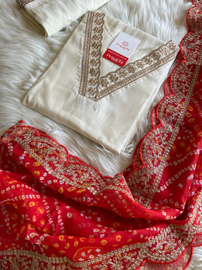 Off White Lilac silk kurta set with Red Lbandhani  dupatta