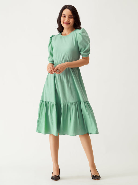 Puff Sleeve Crepe Fit  Flare Midi Dress