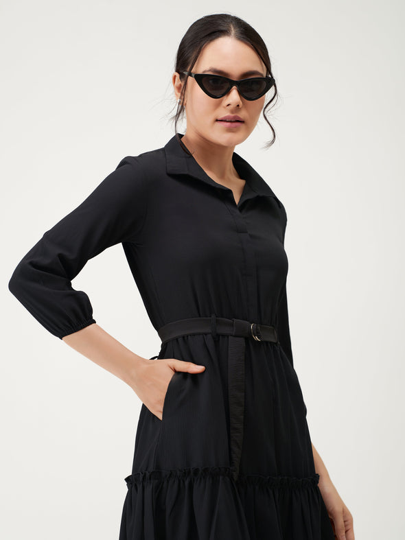 Puff Sleeves Crepe Fit  Flare Dress