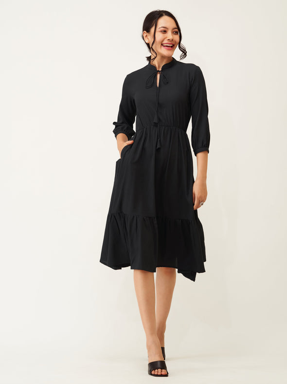 Tie-Up Neck Crepe Fit  Flare Dress