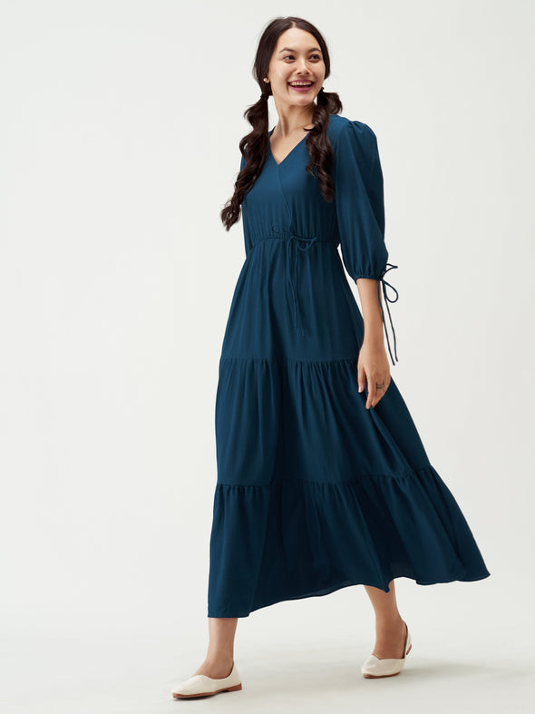 Puff Sleeves Tie-Up Detail Tiered Maxi A-Line Dress