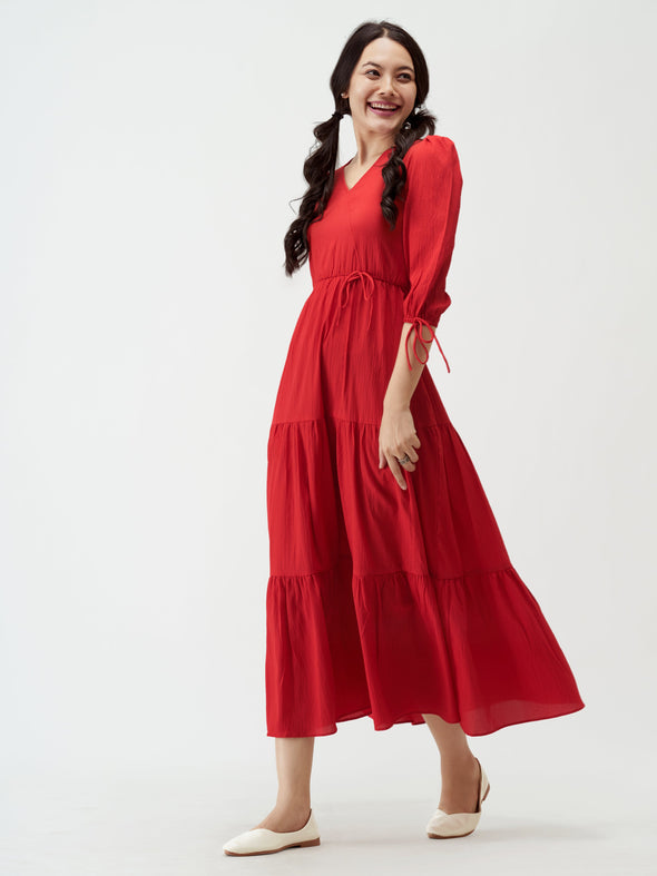 Puff Sleeves Tie-Up Detail Tiered Maxi A-Line Dress