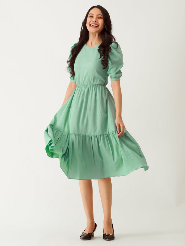 Puff Sleeve Crepe Fit  Flare Midi Dress