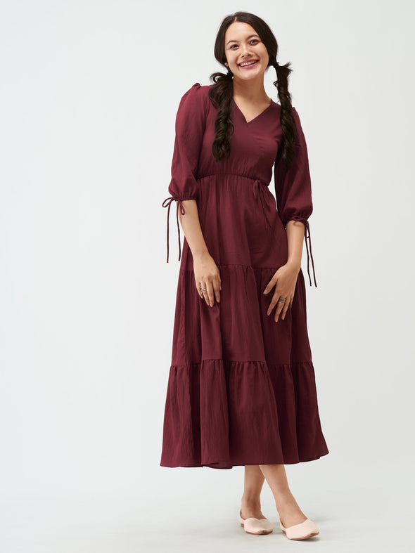 Puff Sleeves Tie-Up Detail Tiered Maxi A-Line Dress