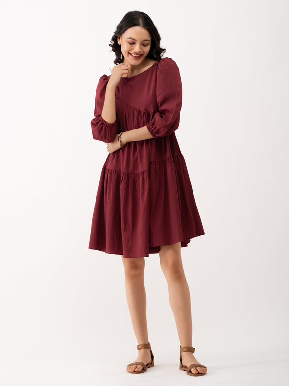 Boat Neck Puff Sleeves A-Line Dress