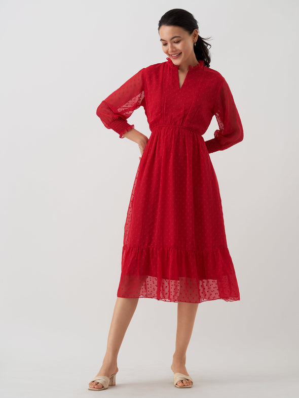 Women Chiffon Dobby Fit & Flare Dress