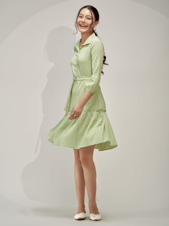 Puff Sleeves Crepe Fit  Flare Dress