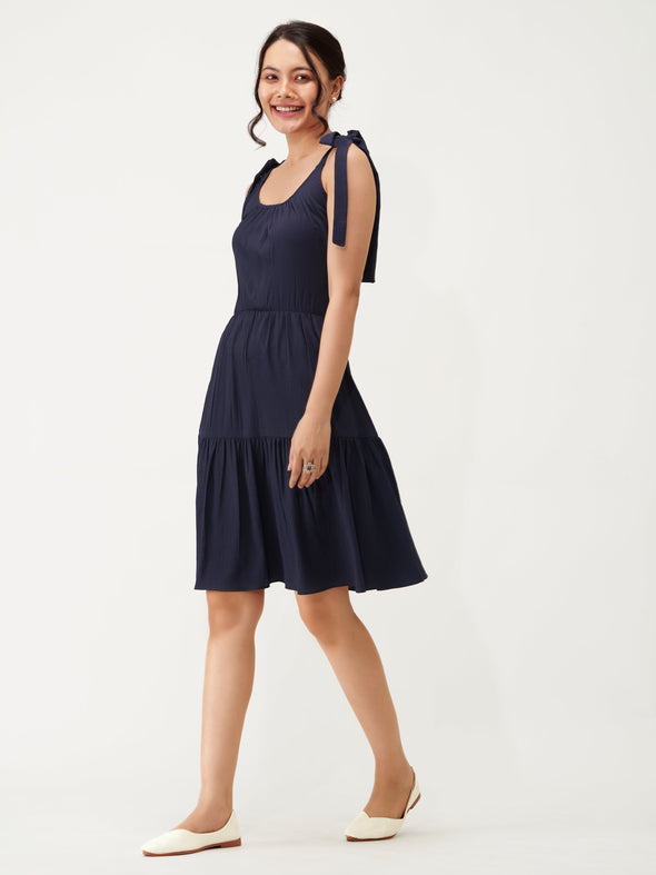 Shoulder Straps Tiered Crepe Fit  Flare dress