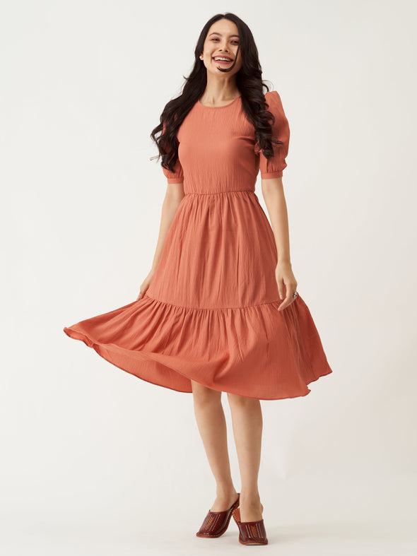 Puff Sleeve Crepe Fit  Flare Midi Dress