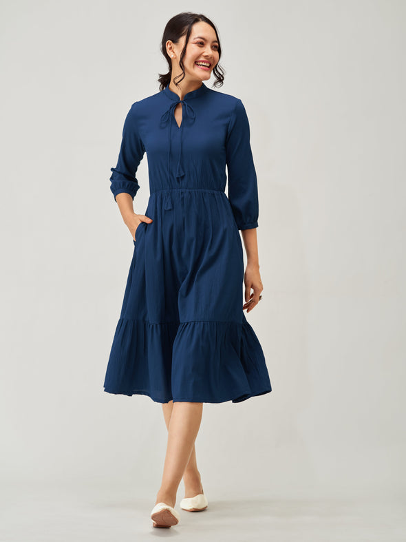 Tie-Up Neck Crepe Fit  Flare Dress