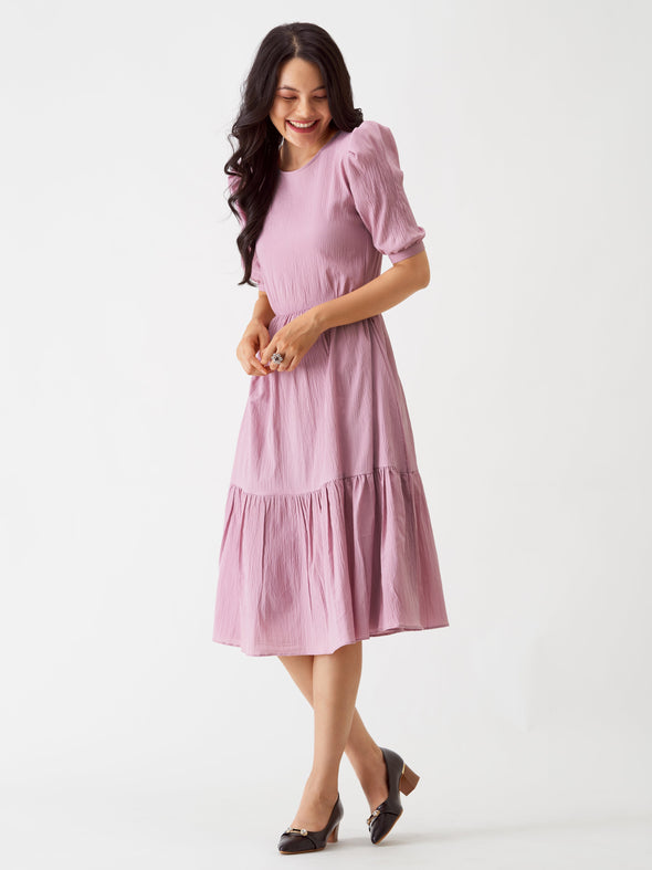 Puff Sleeve Crepe Fit  Flare Midi Dress