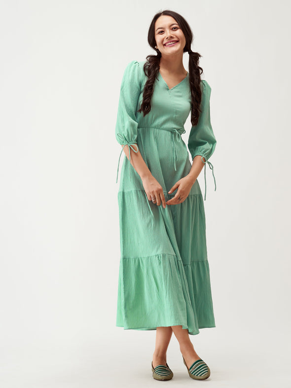 Puff Sleeves Tie-Up Detail Tiered Maxi A-Line Dress