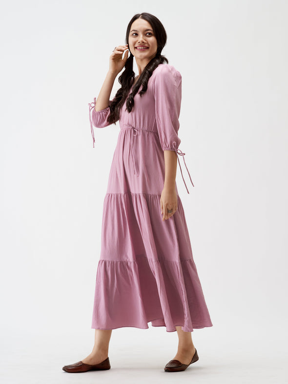 Puff Sleeves Tie-Up Detail Tiered Maxi A-Line Dress