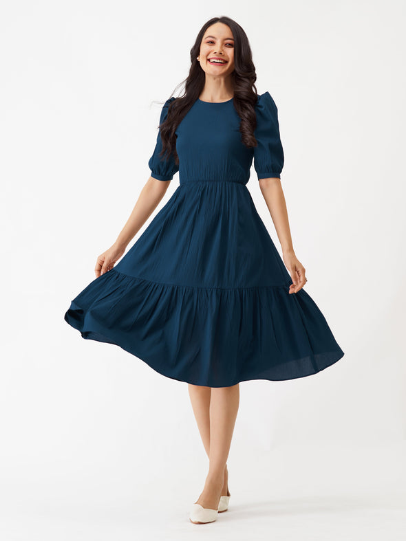 Puff Sleeve Crepe Fit  Flare Midi Dress