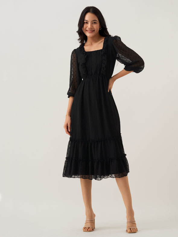 Chiffon Dobby Fit & Flare Dress For Women