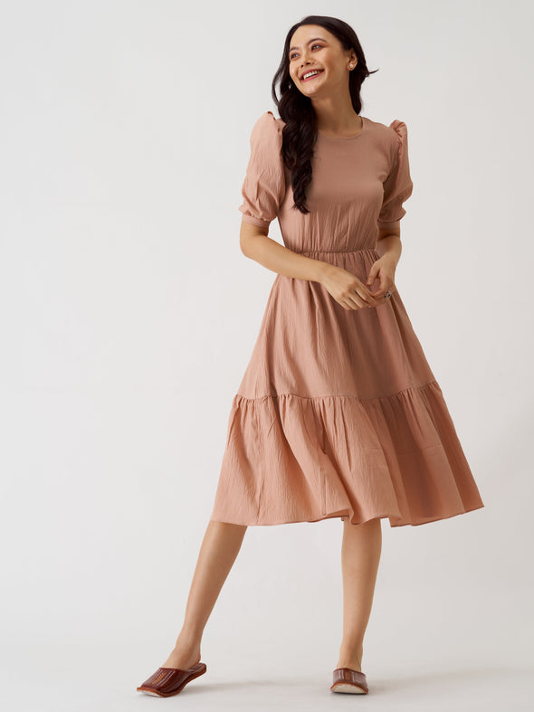 Puff Sleeve Crepe Fit  Flare Midi Dress