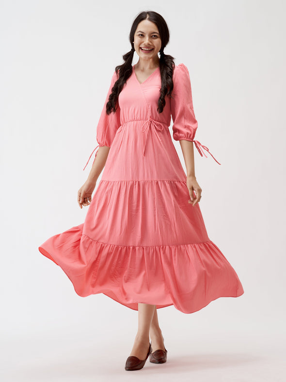 Puff Sleeves Tie-Up Detail Tiered Maxi A-Line Dress