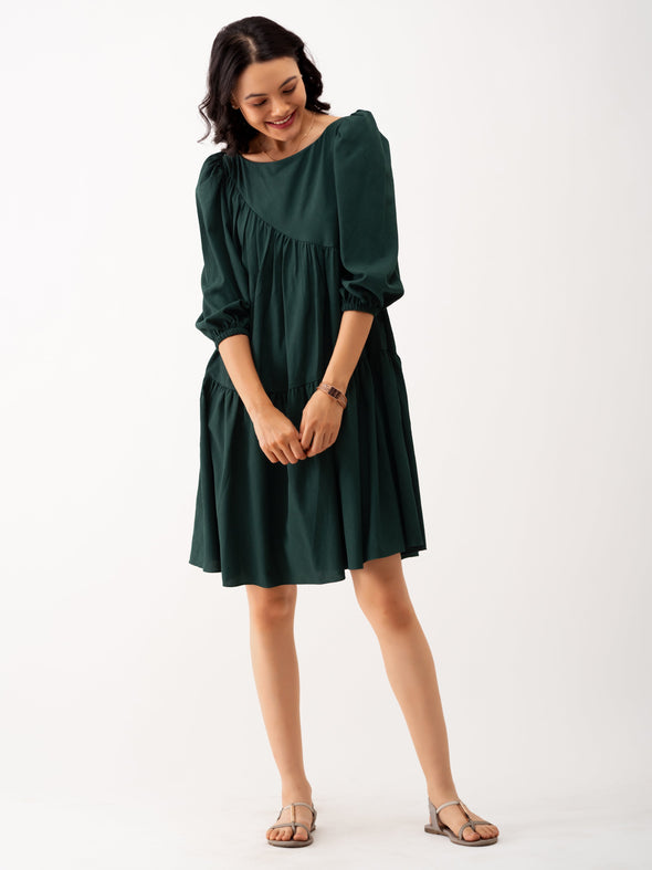 Boat Neck Puff Sleeves A-Line Dress