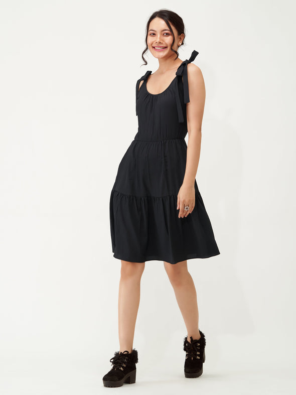 Shoulder Straps Tiered Crepe Fit  Flare dress