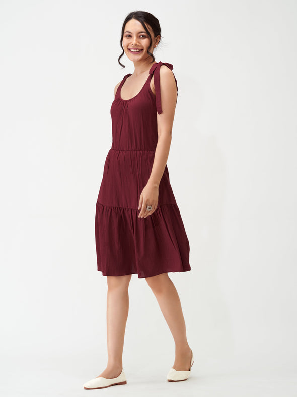 Shoulder Straps Tiered Crepe Fit  Flare dress