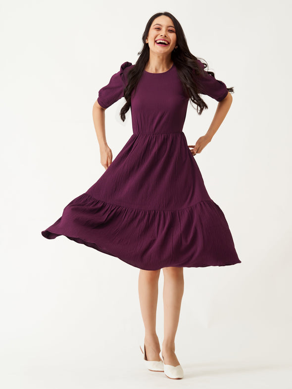 Puff Sleeve Crepe Fit  Flare Midi Dress