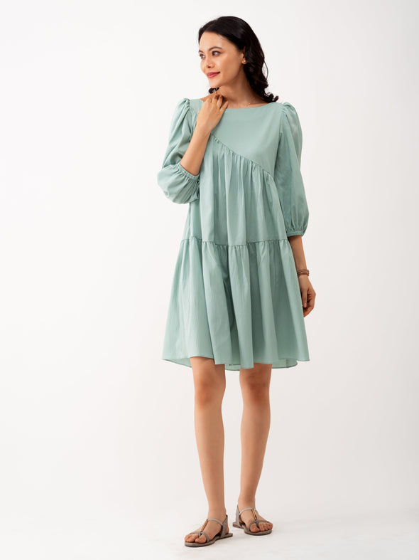 Boat Neck Puff Sleeves A-Line Dress