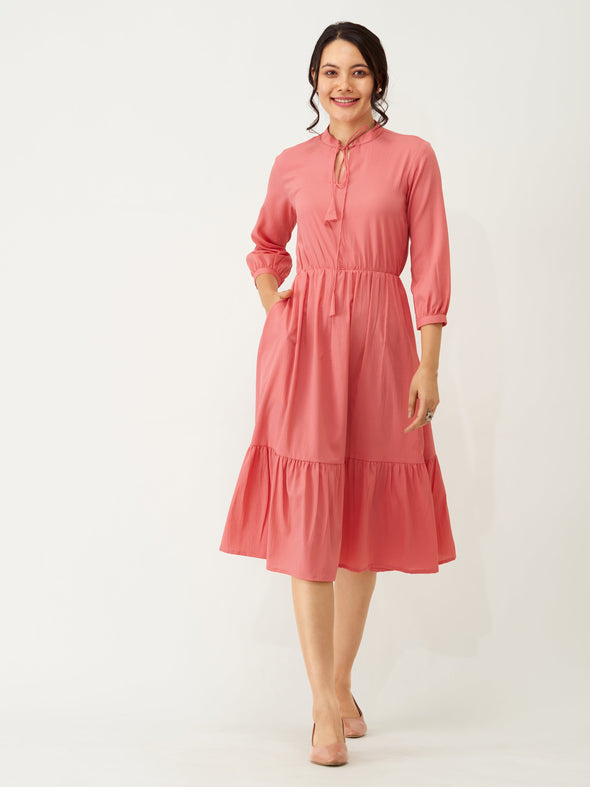 Tie-Up Neck Crepe Fit  Flare Dress