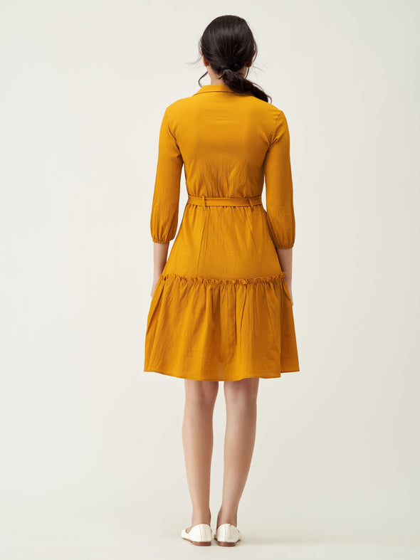 Puff Sleeves Crepe Fit  Flare Dress
