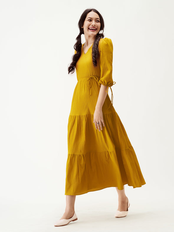 Puff Sleeves Tie-Up Detail Tiered Maxi A-Line Dress