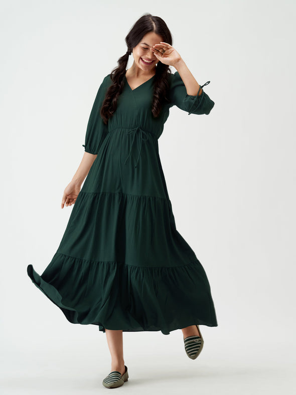 Puff Sleeves Tie-Up Detail Tiered Maxi A-Line Dress