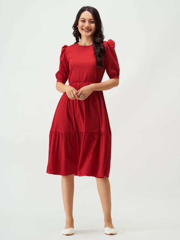 Puff Sleeve Crepe Fit  Flare Midi Dress