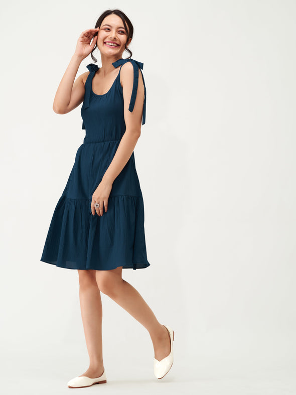 Shoulder Straps Tiered Crepe Fit  Flare dress