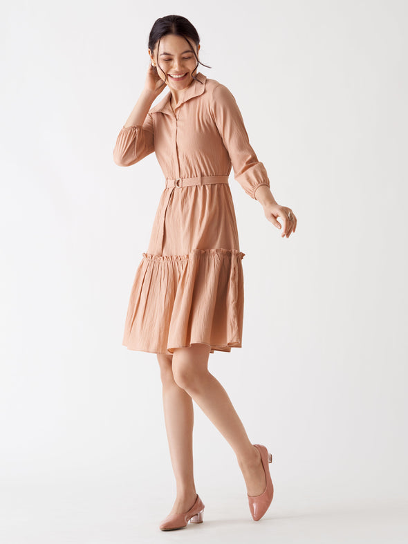 Puff Sleeves Crepe Fit  Flare Dress