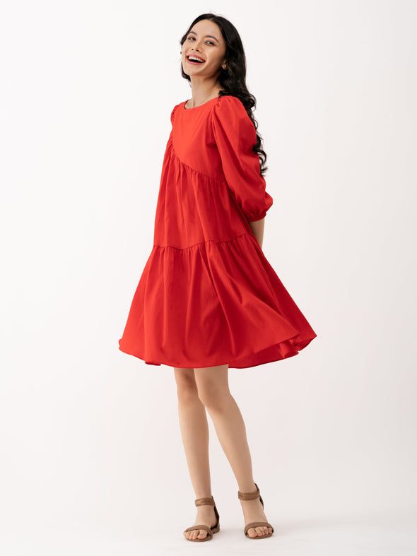 Boat Neck Puff Sleeves A-Line Dress
