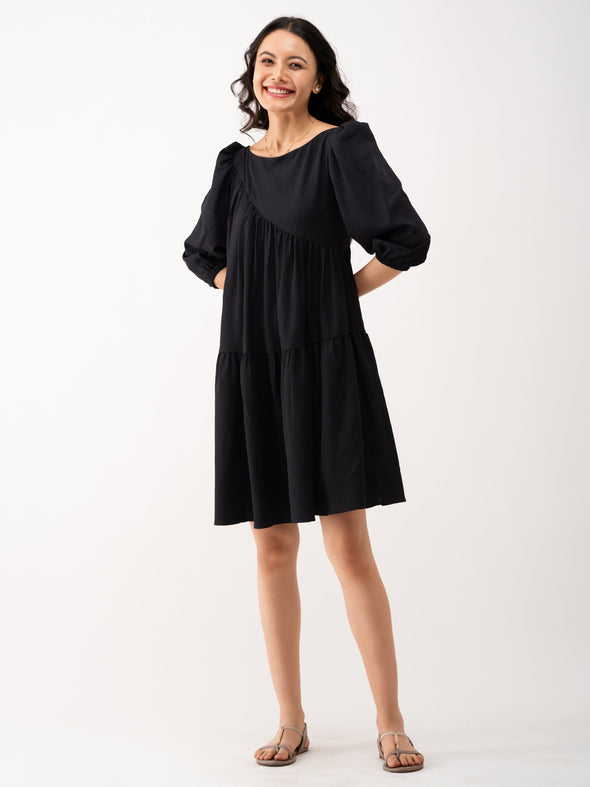 Boat Neck Puff Sleeves A-Line Dress