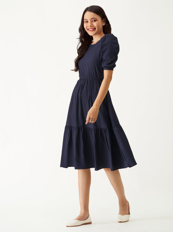 Puff Sleeve Crepe Fit  Flare Midi Dress