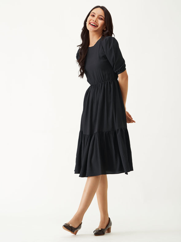 Puff Sleeve Crepe Fit  Flare Midi Dress